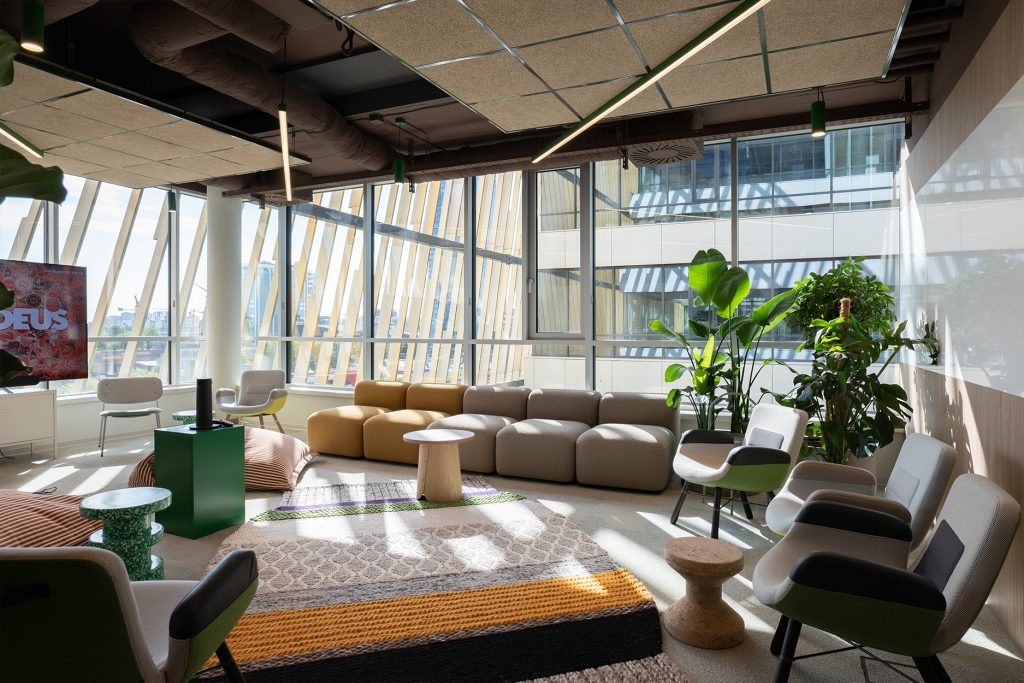 lounge seating area with gan rug Nordeus workspace interior