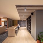 office kitchen with bar counter and seating Zühlke workspace interior