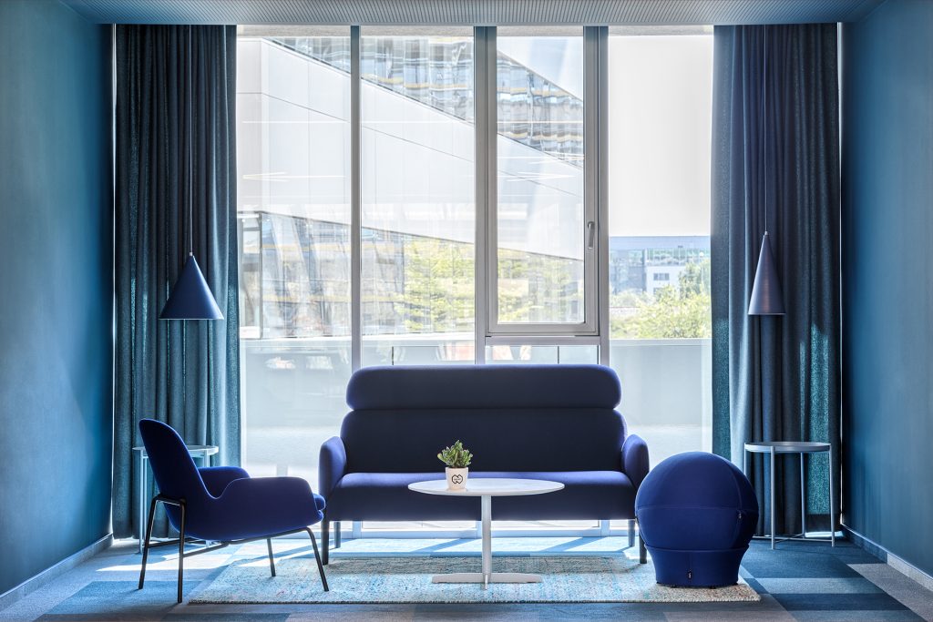 monochromatic blue interior zone in Nordeus office workspace