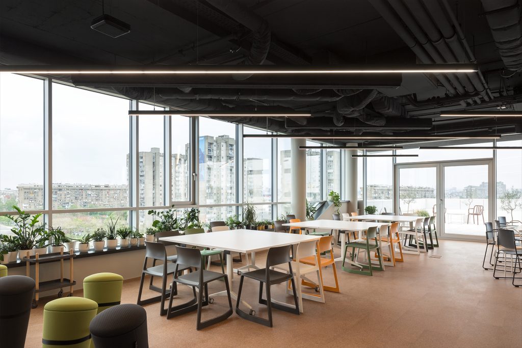 informal workshop and meeting area with cork floor Nordeus workspace interior